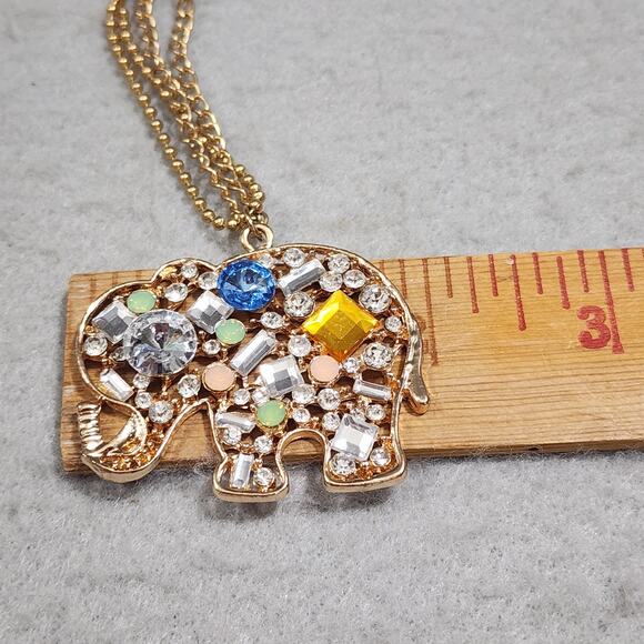 Crystal Embellished Elephant Gold Tone Double Chain 15" Drop Pendant Necklace - Picture 2 of 16